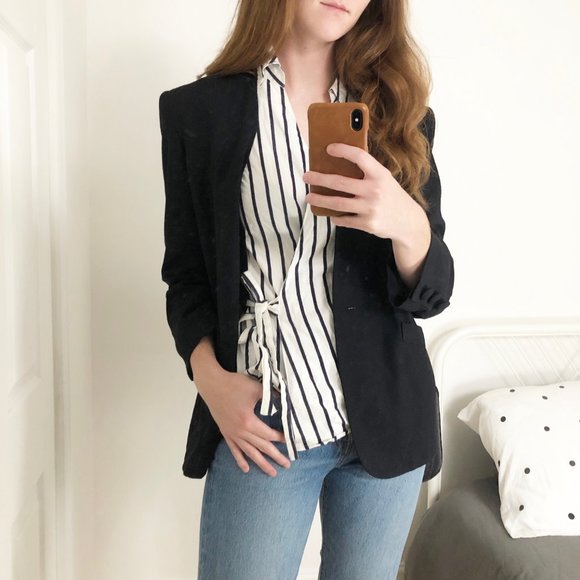 Stunning Parisian Asymmetrical Wrap Striped Blouse - Picture 3 of 4